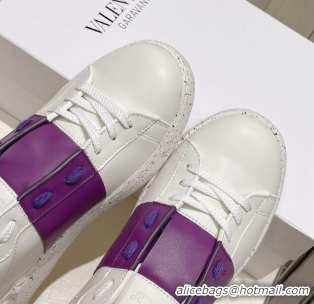 Stylish Valentino Calfskin Open for a Change Sneakers with Purple Stripe White 052512