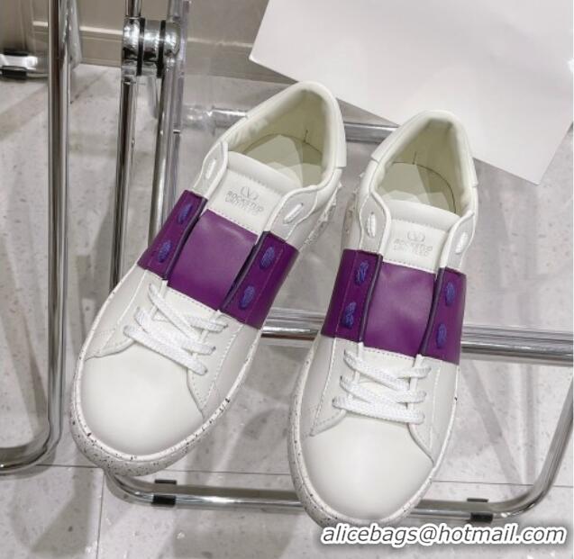 Stylish Valentino Calfskin Open for a Change Sneakers with Purple Stripe White 052512