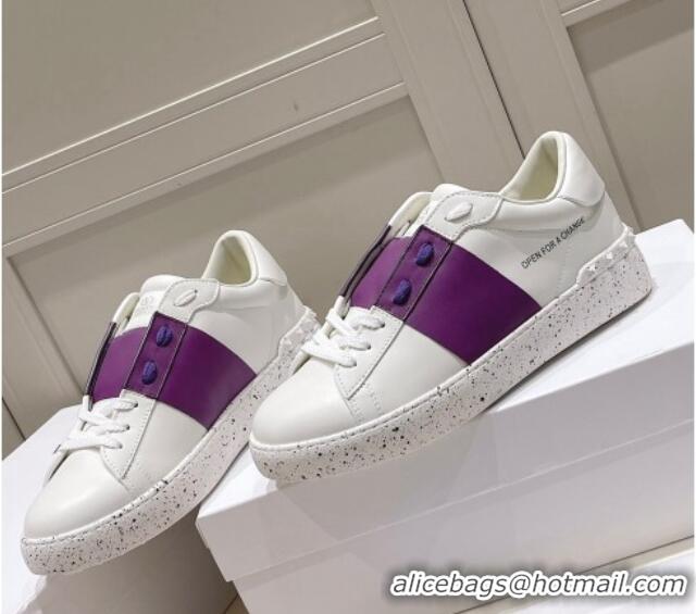 Stylish Valentino Calfskin Open for a Change Sneakers with Purple Stripe White 052512