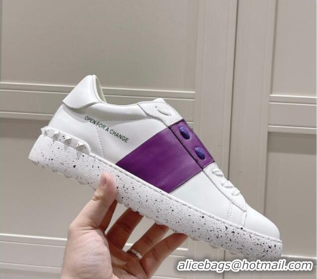 Stylish Valentino Calfskin Open for a Change Sneakers with Purple Stripe White 052512