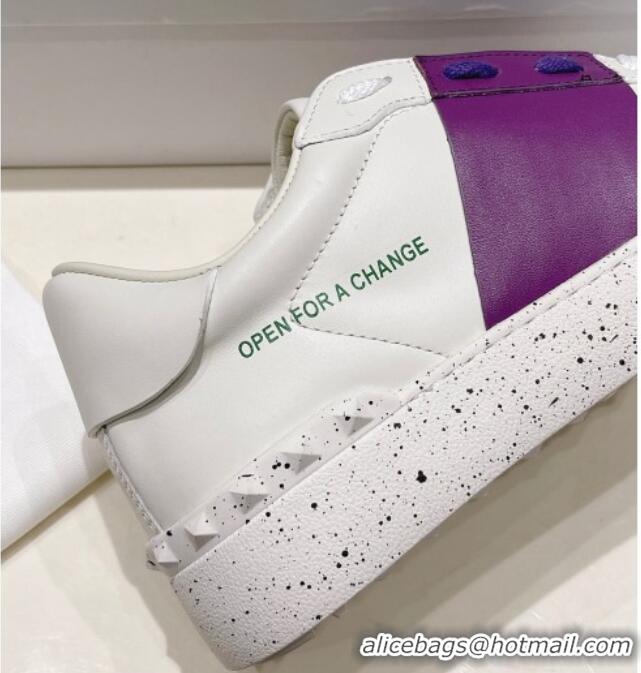 Stylish Valentino Calfskin Open for a Change Sneakers with Purple Stripe White 052512