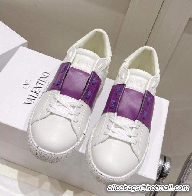 Stylish Valentino Calfskin Open for a Change Sneakers with Purple Stripe White 052512