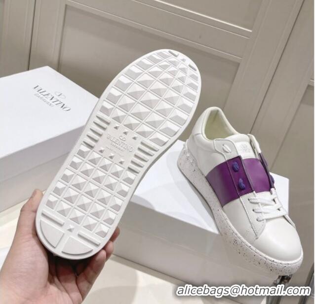 Stylish Valentino Calfskin Open for a Change Sneakers with Purple Stripe White 052512