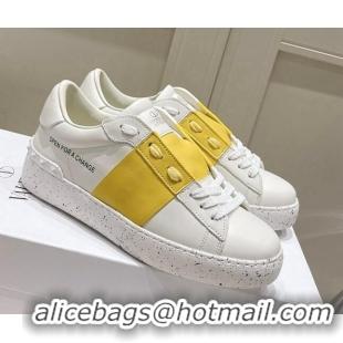 Good Looking Valentino Calfskin Open for a Change Sneakers with Yellow Stripe White 2052513