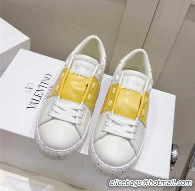 Good Looking Valentino Calfskin Open for a Change Sneakers with Yellow Stripe White 2052513