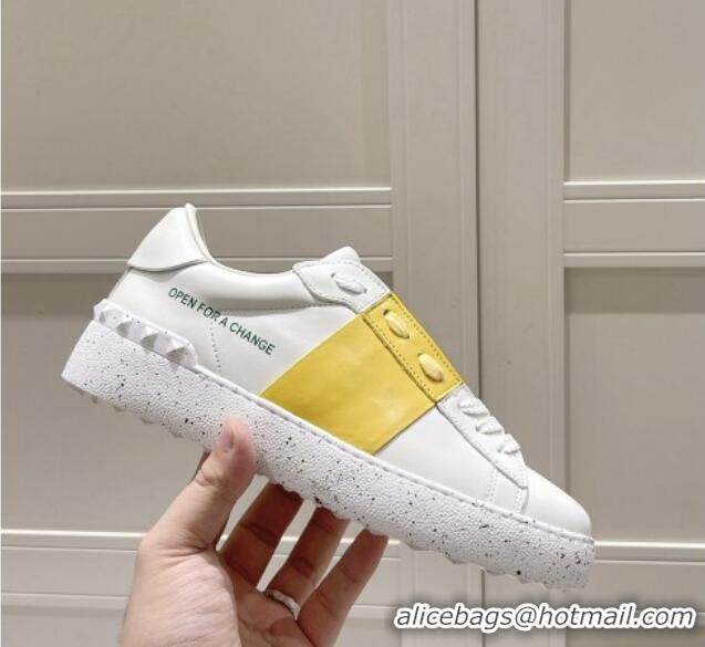 Good Looking Valentino Calfskin Open for a Change Sneakers with Yellow Stripe White 2052513