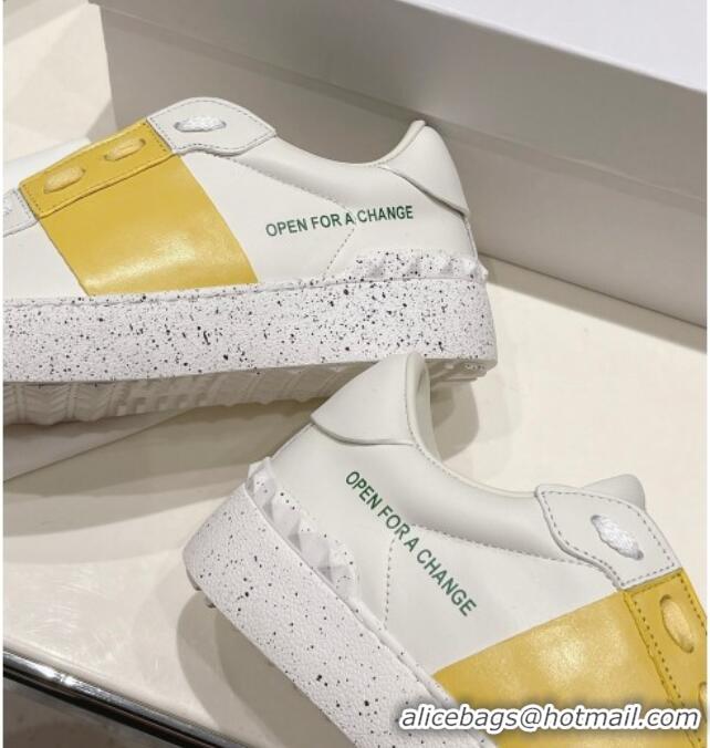 Good Looking Valentino Calfskin Open for a Change Sneakers with Yellow Stripe White 2052513