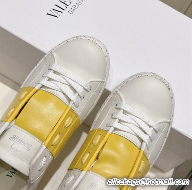 Good Looking Valentino Calfskin Open for a Change Sneakers with Yellow Stripe White 2052513