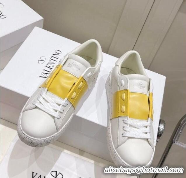 Good Looking Valentino Calfskin Open for a Change Sneakers with Yellow Stripe White 2052513