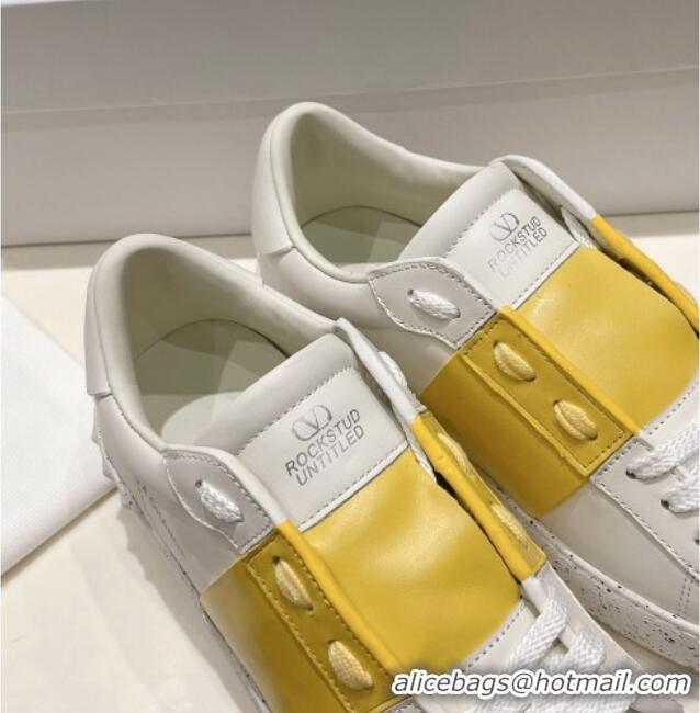 Good Looking Valentino Calfskin Open for a Change Sneakers with Yellow Stripe White 2052513