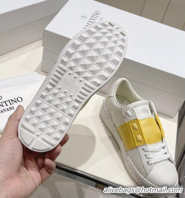 Good Looking Valentino Calfskin Open for a Change Sneakers with Yellow Stripe White 2052513