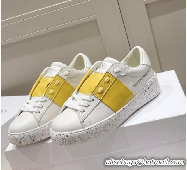 Good Looking Valentino Calfskin Open for a Change Sneakers with Yellow Stripe White 2052513