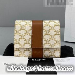 Good Product Celine Small Trifold Wallet in Triomphe Canvas 60031 White 2021