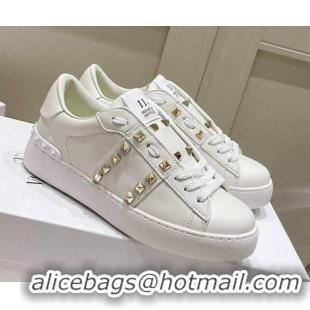 Best Price Valentino Untitled Calfskin Open Sneakers with Gold Studs White 2052518