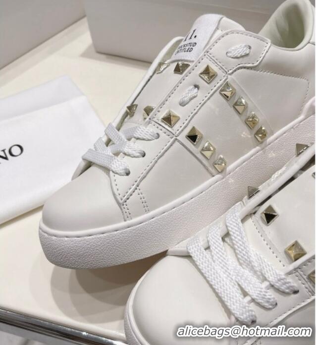 Best Price Valentino Untitled Calfskin Open Sneakers with Gold Studs White 2052518