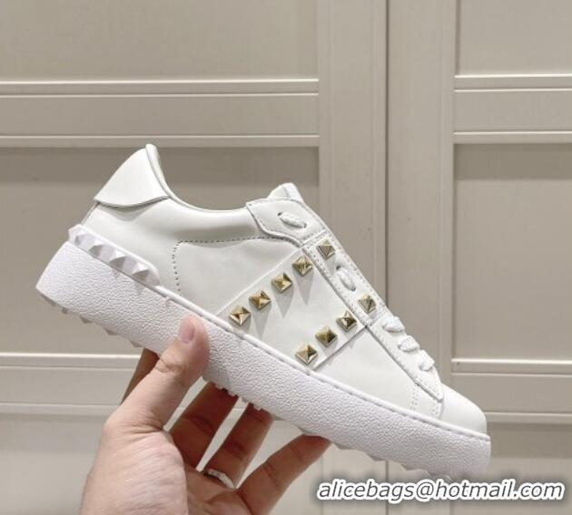 Best Price Valentino Untitled Calfskin Open Sneakers with Gold Studs White 2052518