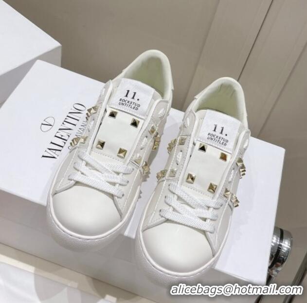 Best Price Valentino Untitled Calfskin Open Sneakers with Gold Studs White 2052518