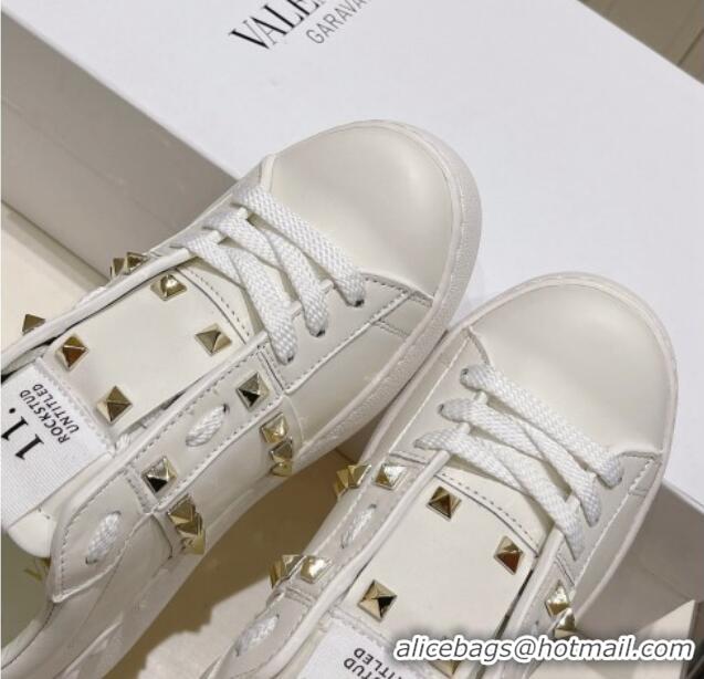 Best Price Valentino Untitled Calfskin Open Sneakers with Gold Studs White 2052518