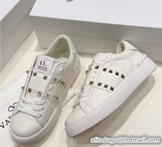 Best Price Valentino Untitled Calfskin Open Sneakers with Gold Studs White 2052518