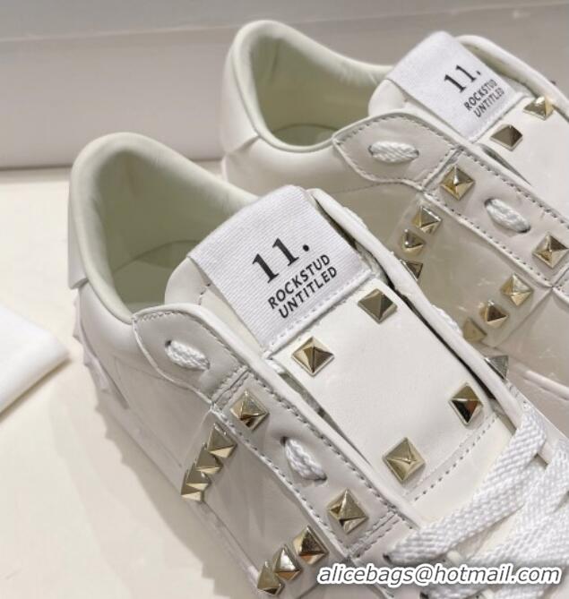 Best Price Valentino Untitled Calfskin Open Sneakers with Gold Studs White 2052518