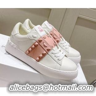 Classic Hot Valentino Untitled Calfskin Open Sneakers with Pink Stripe White 2052519