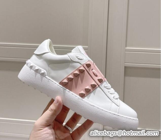 Classic Hot Valentino Untitled Calfskin Open Sneakers with Pink Stripe White 2052519