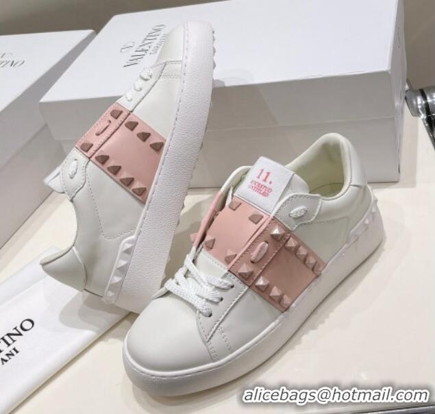 Classic Hot Valentino Untitled Calfskin Open Sneakers with Pink Stripe White 2052519