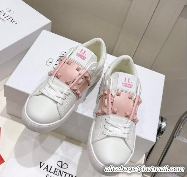 Classic Hot Valentino Untitled Calfskin Open Sneakers with Pink Stripe White 2052519