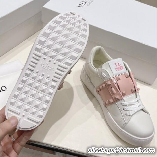 Classic Hot Valentino Untitled Calfskin Open Sneakers with Pink Stripe White 2052519