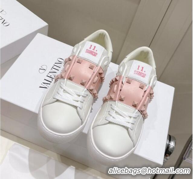 Classic Hot Valentino Untitled Calfskin Open Sneakers with Pink Stripe White 2052519