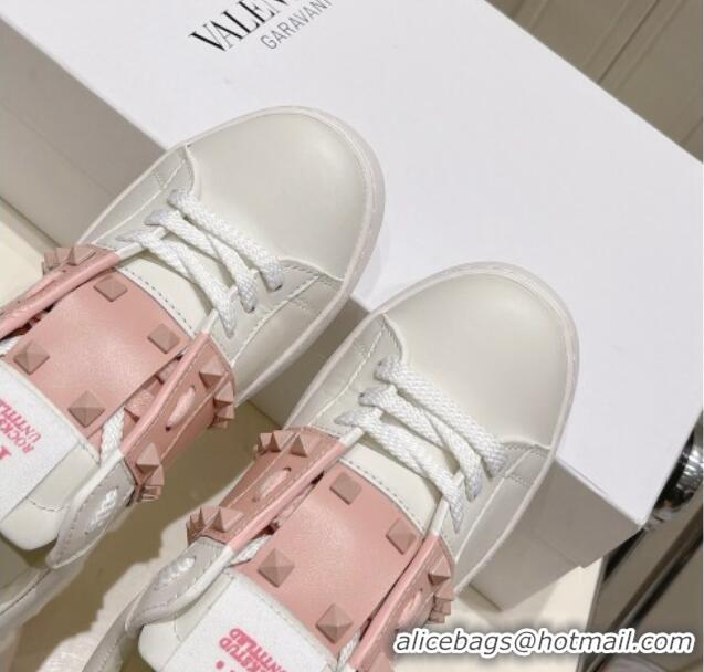 Classic Hot Valentino Untitled Calfskin Open Sneakers with Pink Stripe White 2052519