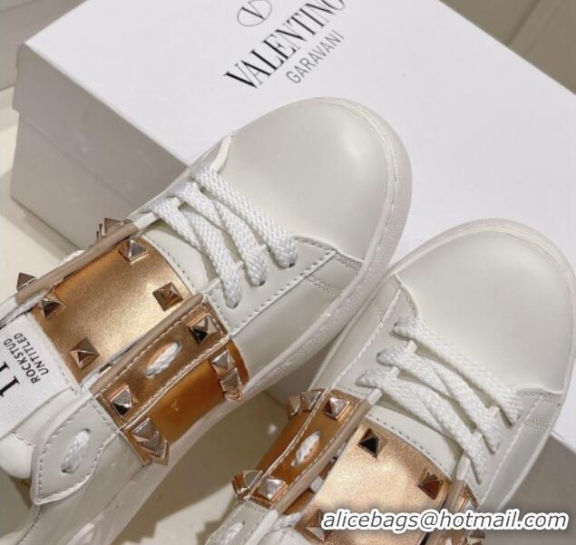 Duplicate Valentino Untitled Calfskin Open Sneakers with Gold Stripe White 2052520