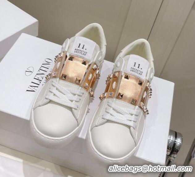 Duplicate Valentino Untitled Calfskin Open Sneakers with Gold Stripe White 2052520