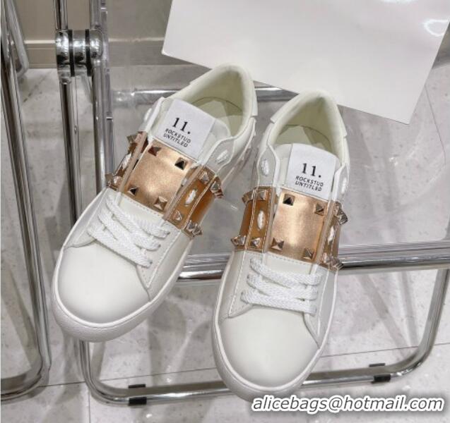 Duplicate Valentino Untitled Calfskin Open Sneakers with Gold Stripe White 2052520