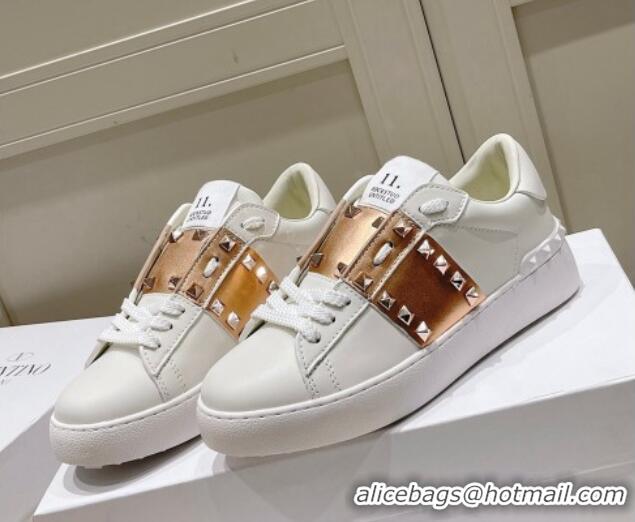 Duplicate Valentino Untitled Calfskin Open Sneakers with Gold Stripe White 2052520