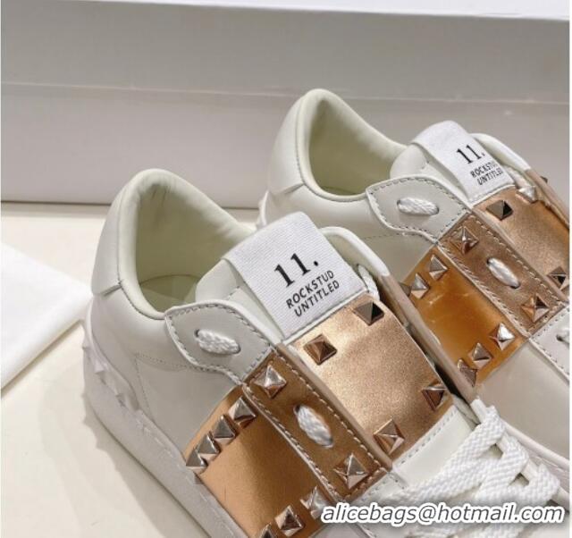 Duplicate Valentino Untitled Calfskin Open Sneakers with Gold Stripe White 2052520