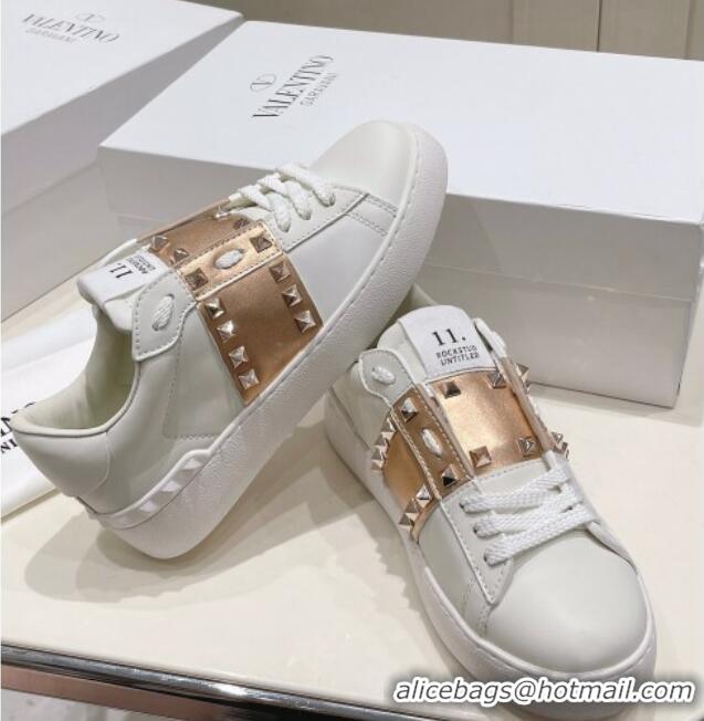 Duplicate Valentino Untitled Calfskin Open Sneakers with Gold Stripe White 2052520