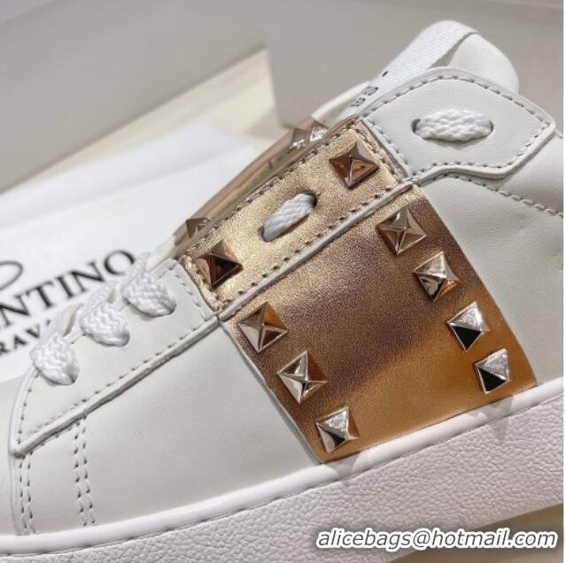 Duplicate Valentino Untitled Calfskin Open Sneakers with Gold Stripe White 2052520