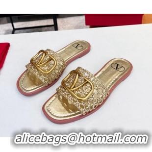 Good Quality Valentino VLogo Flat Slide Sandals in Woven Leather Gold 2052657