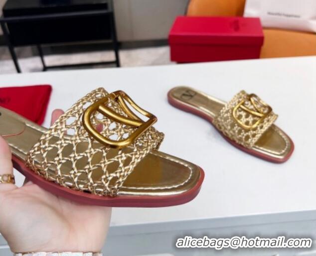 Good Quality Valentino VLogo Flat Slide Sandals in Woven Leather Gold 2052657