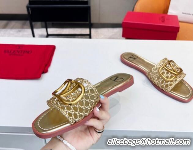 Good Quality Valentino VLogo Flat Slide Sandals in Woven Leather Gold 2052657