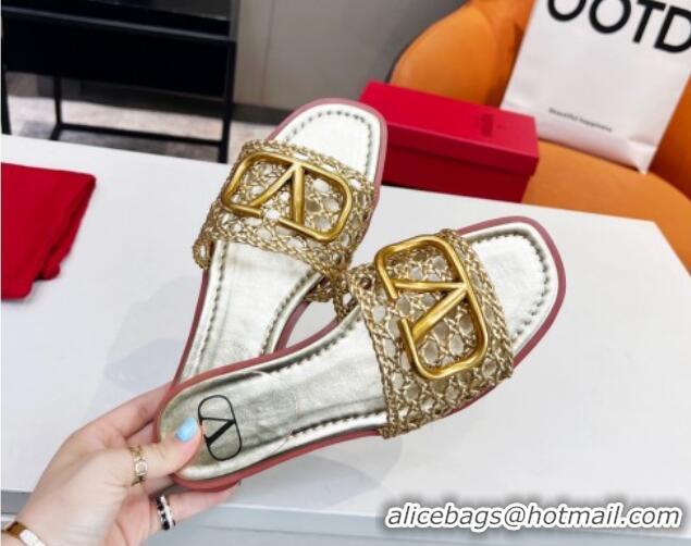 Good Quality Valentino VLogo Flat Slide Sandals in Woven Leather Gold 2052657