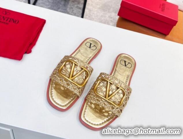 Good Quality Valentino VLogo Flat Slide Sandals in Woven Leather Gold 2052657