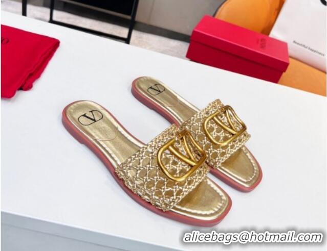 Good Quality Valentino VLogo Flat Slide Sandals in Woven Leather Gold 2052657