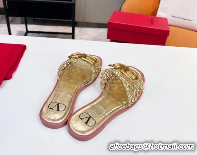 Good Quality Valentino VLogo Flat Slide Sandals in Woven Leather Gold 2052657