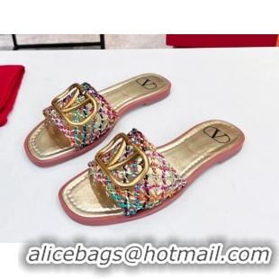 Best Grade Valentino VLogo Flat Slide Sandals in Woven Leather Multicolor 2052659