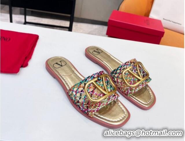 Best Grade Valentino VLogo Flat Slide Sandals in Woven Leather Multicolor 2052659