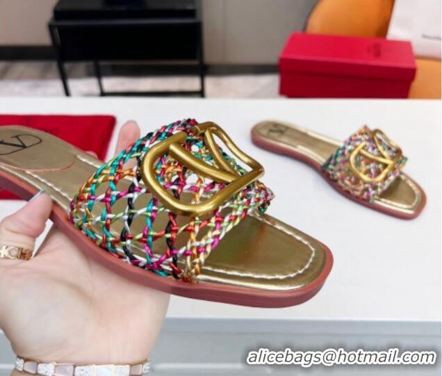 Best Grade Valentino VLogo Flat Slide Sandals in Woven Leather Multicolor 2052659