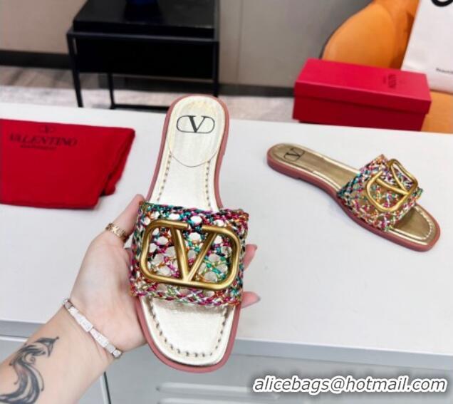 Best Grade Valentino VLogo Flat Slide Sandals in Woven Leather Multicolor 2052659