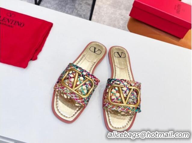 Best Grade Valentino VLogo Flat Slide Sandals in Woven Leather Multicolor 2052659